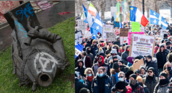 Le SPVM agresse des manifestants pacifiques anti-confinement, mais n’a rien fait pendant que Antifa détruisait la statue de Macdonald, datant de 125 ans